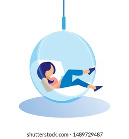 Girl with Black Hair Sits in Transparent Chair with Рhone in Hand. Young Woman in Blue Slim Jeans and Red T-Shirt Looking at Smartphone. Coworking Center. Vector Illustration. Time Rest.