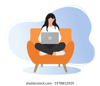 Girl with black hair sitting in orange armchair with laptop. Vector illustration isolated on white background.