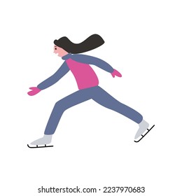 Girl with black hair skating vector illustration. Happy kid in colorful sports suit doing physical activity flat vector illustration on white background. Winter sports concept