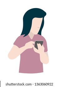 Girl with black hair with a smartphone in her hands. Technology, device. Flat style vector illustration isolated on white background.