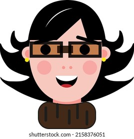 Girl with black hair and square glasses, illustration, vector on a white background.