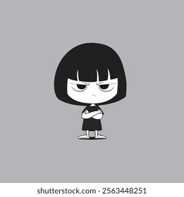 A girl with a black hair style and a grey background