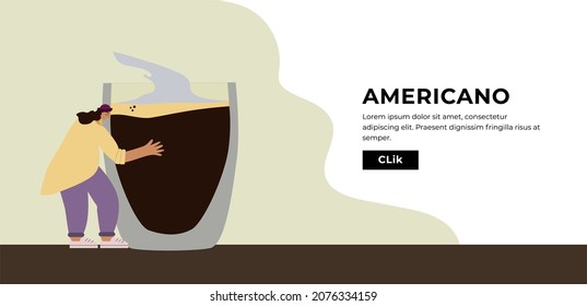 girl with black hair in trendy clothes hugs a big cup of coffee. Flat vector banner with cups and handwritten text,