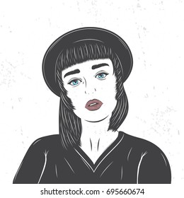Girl in a black hat. Fashion show. Flat vector illustration