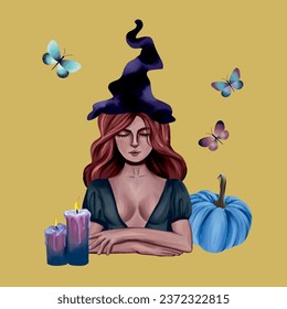 Girl in a black hat, pumpkin, candles, butterflies. Vector illustration for esoteric and halloween. Greeting cards, holiday banners, flyers, covers.