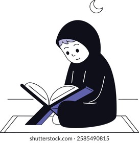 A girl in black hijab is reading the Quran under moonlight with a serene expression, showing Ramadan dedication.