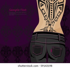 Girl in black jeans, waist and hips is shown on the back tattoo
