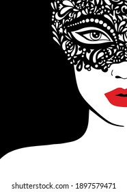 A girl in a black lace mask on her face with red lips. Vector illustration. Party invitation, poster, business card, flyer, postcard.