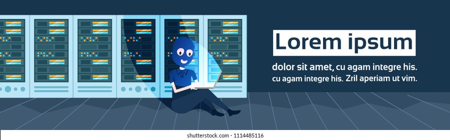 girl black mask hacker attack data privacy over data storage center with hosting servers and staff, computer technology, network and database, internet center, communication support, flat copy space