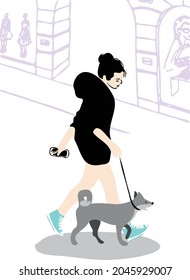 A Girl In An Black Oversized Black Hooded Dress With Bare Legs, Walking Her Dog In Sky Blue Sneakers, Holding A Mobile Phone In Her Left Hand, And Walking In Front Of A Fashion Boutique On The Street.