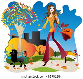 The girl with the black poodle is an avenue autumn park