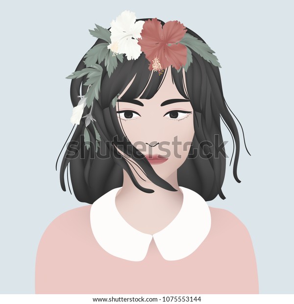 Girl Black Short Hair Decorated Red Stock Vector Royalty