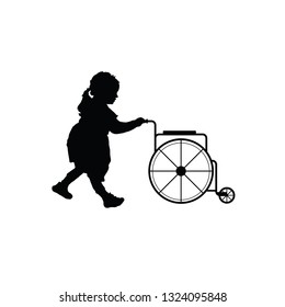 girl black silhouette pushes a wheelchair vector