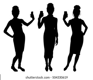 Girl Black Silhouettes Taking Selfie With Smart Phone Set