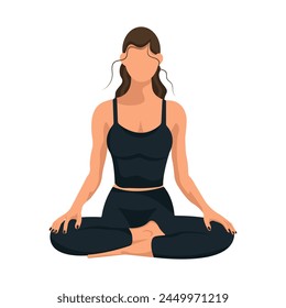 A girl in black sits in the lotus position and does yoga. Flat vector design on white background Concept of healthy lifestyle, mental health, meditation, relaxation, yoga, faceless illustration EPS10