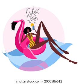 A girl with black skin on an inflatable circle in the shape of a flamingo with a cocktail in her hands is resting on the waves. vector illustration in modern trendy style with Relax Time hand letterin