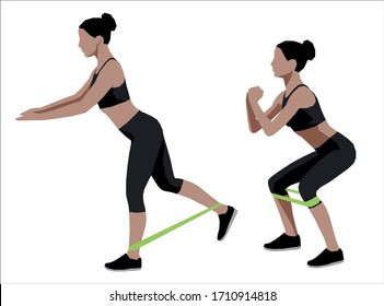 Girl in black sportswear doing exercises with elastic resistance band at home. Flat vector illustration.