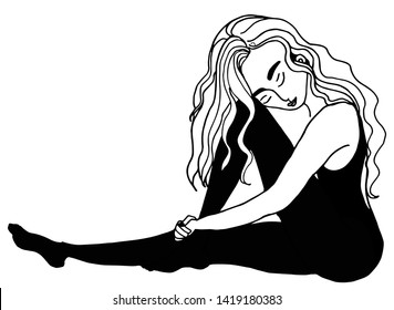 Girl in black tights and swimsuit is stretching for the dance ballet class, black and white vector illustration in doodle style