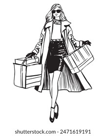 Girl Black And White Drawing sale shopping shopping .Hand-drawn vector illustration.