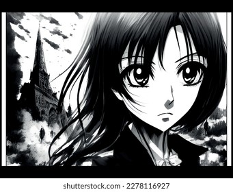 GIRL, BLACK, WHITE, MANGA, ANIME, BIG EYE