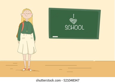 Girl at the blackboard. Pupil in the school. Vectror illustration