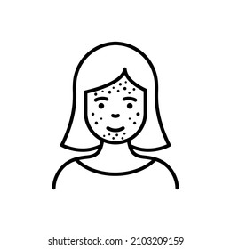 Girl with Blackhead, Acne, Rash on Face Line Icon. Woman with Pimples Linear Pictogram. Allergy, Inflammation Skin, Dermatologic Problem Outline Icon. Editable Stroke. Isolated Vector Illustration.