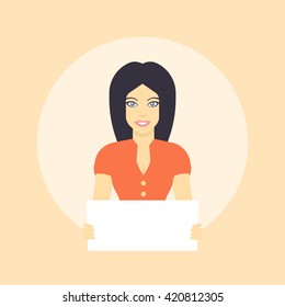 girl with blank sheet in hands, flat style female character, long-haired girl in orange dress, vector illustration