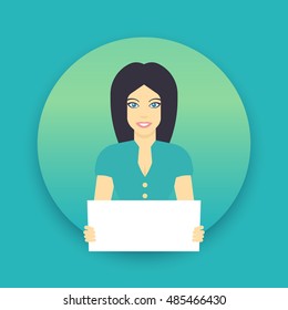 girl with blank sheet in hands, flat style female character