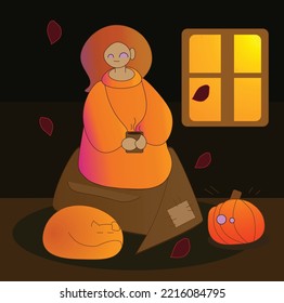 girl in blanket with cup of coffee autumn atmosphere. Halloween vector