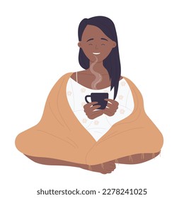 Girl in blanket drinking hot tea. Warm mug of coffee, hot chocolate cup vector illustration