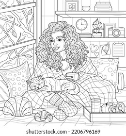 
Girl with a blanket and a sleeping cat in the room.Coloring book antistress for children and adults. Illustration isolated on white background.Zen-tangle style. Hand draw