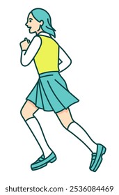 Chica en blazer corriendo. Ilustración de una niña con uniforme escolar corriendo.