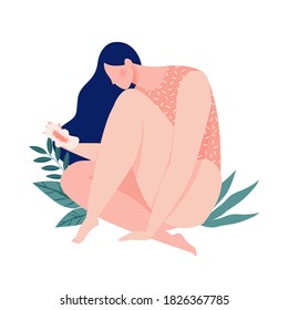 A girl  bleeding hugging her leg with  a pad in the menstrual period on background of leaves and plants. Eco protection for woman in critical days. Vector illustration.