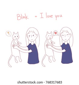 Girl Blinking at Cat. I love you in Cat Language. Vector Illustration. isolated on white background.