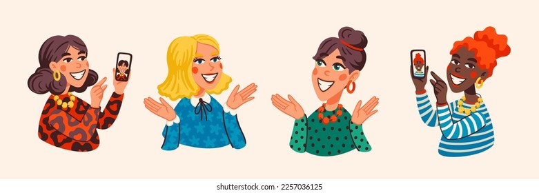 Girl bloger. Young woman taking selfie or recording video for social media with smartphone. Happy female character with mobile phone. Blogger or vlogger cartoon character making internet content