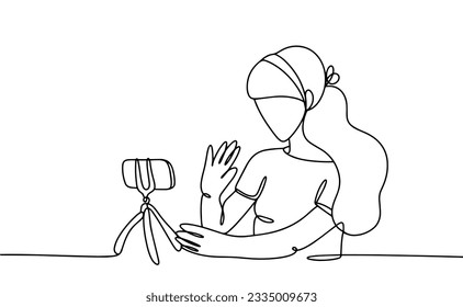 The girl blogger broadcasts live for subscribers. World Bloggers Day. One line drawing for different uses. Vector illustration.