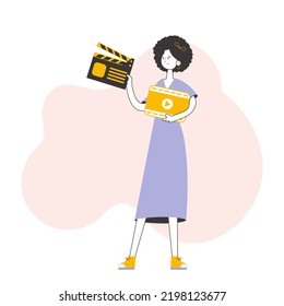 Girl blogger. The concept of social networking. Trendy style line art. Isolated. Vector.