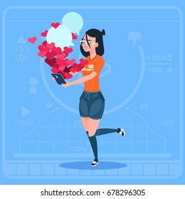 Girl Blogger Hold Cell Smart Phone With Many Likes Modern Video Blogs Creator Popular Vlog Channel Flat Vector Illustration