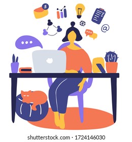 Girl blogger lead blog. Character of young woman broadcasts online and educates people. Content or account manager work remotely in home office. Hand drawn flat vector illustration