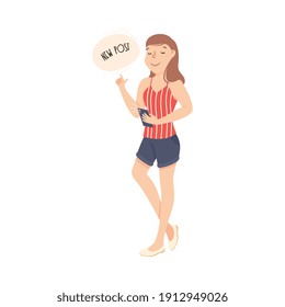 Girl Blogger Live Streaming from Smartphone Talking to Blog Audience, Blogging, Social Media Networking Concept Cartoon Style Vector Illustration