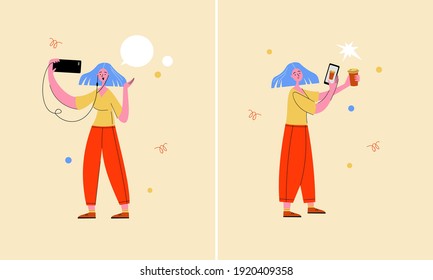 Girl Blogger macht Inhalte. Vektorgrafik.