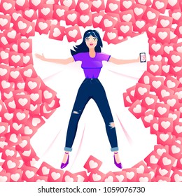 Girl blogger makes a snow angel in the like of social networks. Popularity on the Internet, seo traffic. Vector flat illustration