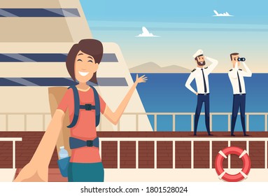 Girl blogger on sea cruise. Selfie on background of captain of ship, water voyage vector illustration