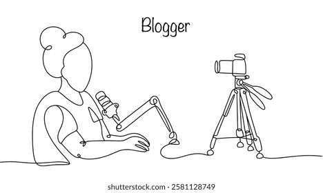 A girl blogger records a video for her blog. A person who creates and publishes content on an online platform. Modern profession drawn with black line. Vector illustration.