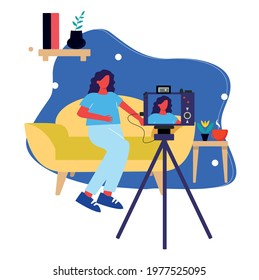 a girl blogger records a video sitting at home on the couch, recording a video on the camera, a blogger at work. vector character in modern flat style