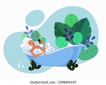 Girl blogger relaxes in a bath with foam. surrounded by tropical plants. Cartoon vector stock illustration.