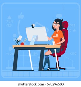 Girl Blogger Sit At Computer Streaming Video Blogs Creator Popular Vlog Channel Flat Vector Illustration