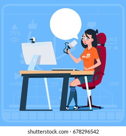 Girl Blogger Sit At Computer Streaming Video Blogs Creator Popular Vlog Channel Flat Vector Illustration