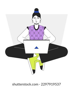 Girl blogger typing on laptop flat line vector spot illustration. Female writer sitting with notebook 2D cartoon outline character on white for web UI design. Editable isolated colorful hero image