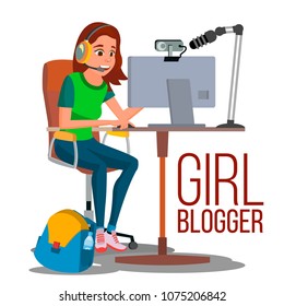 Girl Blogger Vector. Popular Video Vlog, Let's Play, Review Channel. Online Streaming Video. Girl Blogs Creator. Flat Vector Illustration